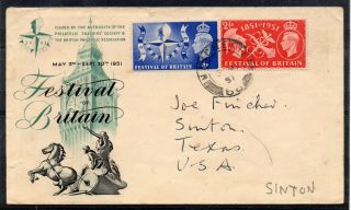 Gb = 1951 Festival Of Britain Fdc.  Manchester (68) Thick Arcs To Texas,  Usa.  Waf