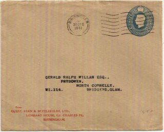 1941 Kgvi 2½d Stamped To Order Postal Stationery Env Birmingham Guest Keen Gkn