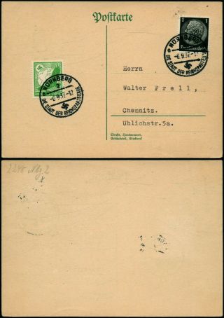 J398 Germany Postcard Nurnberg Chemnitz 1937