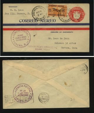 Panama First Flight Uprated Postal Envelope To Havana 1929 Jl1006