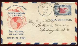 1938 Newark Nj National Airmail Week Addressed To Pmg James Farley A105