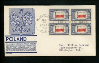 Us Fdc 909 Anderson M - 6 1943 Washington Dc Poland Wwii Overrun Nations Flags