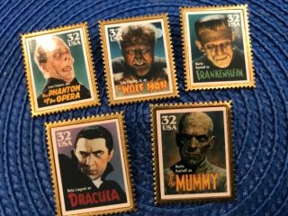Set Of 5 Usps Classic Movie Monster Stamp Pins 1997 Dracula Mummy Frankenstein