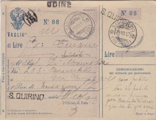 Italy - 1917 Ww 1 Ps Money Order San Quirino Cover To A Soldier In The War Zone