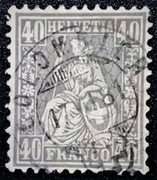 Switzerland 1867 Sc 58 40c Gray,  White Paper Lh Remnant Cv$160 F/vf (book 3
