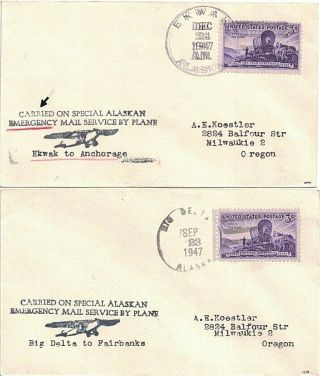 1947 Big Delta & Ekwak Alaska Cancels On Emergency Airmail Covers W Cachets; Dpo