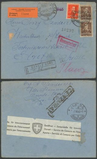 Romania Wwii 1943 - Registered Cover To Switzerland - Censor 30240/24