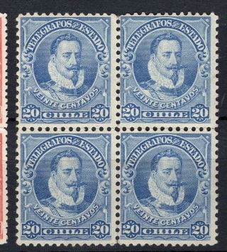 Chile 1904 Telegraph Pedro De Valdivia 20c Blue Block Of 4 Mh