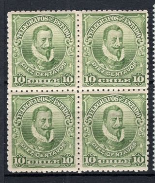 Chile 1904 Telegraph Pedro De Valdivia 10c Green Block Of 4 2 Mnh/ 2 Mlh