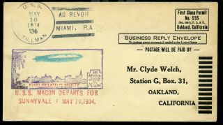Uss Macon Postal Cover Zrs - 5 Uss Tillman Sunnyvale Florida 1934