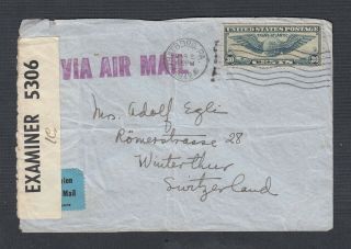Usa 1942 Wwii Censored Airmail Cover Pennsylvania To Winterthur Switzerland