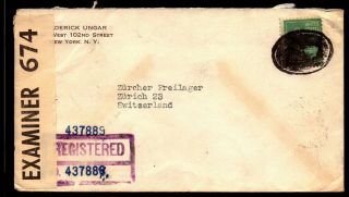 1942 Registered Cover To Switzerland Censor Strip 20 Cents Prexie Single