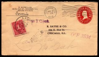 1918 Postal Stationary Cover With 1 Cent Postage Due Forwarded Chicago To Nd