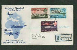 Rhodesia & Nyasaland 1962 Registered First Day Cover Airmail Flight Anniversary