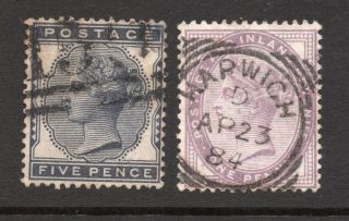Qv 1881 Sg 169 - 5d Indigo Fine & Sg 172 - 1d Lilac With Harwick Squared Circle