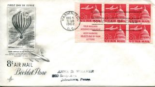 1962 Air Mail 8 Cent Booklet Pane Whole Art Craft Cachet Rubber Stamp Addr Fdc