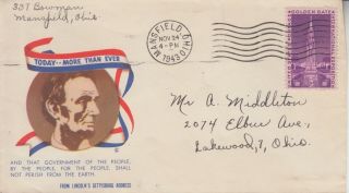 1943 Mansfield Oh Ww Ii Patriotic Cover Lincoln " Today " W/ Xmas Seal On Back