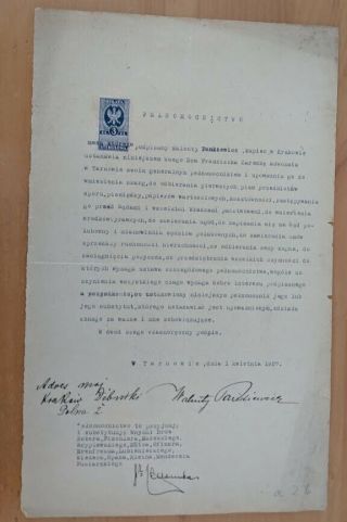 Poland 1927 Power Of Attorney Document With Revenue 3z Stamp