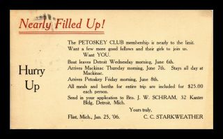 Us Postal Card Flint Michigan Petoskey Club Boat Trip Invitation 1906