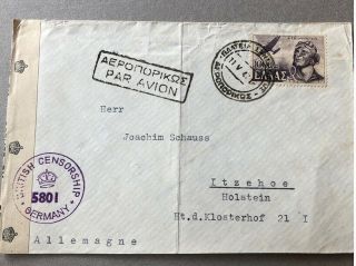L) Air Mail Cover Greece To Germany 1947 Ww2 Censored