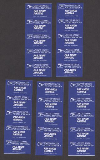 Lot 5 Usps 2002 Par Avion Air Mail Etiquette Labels Booklet Panes Obsolete 19 - B