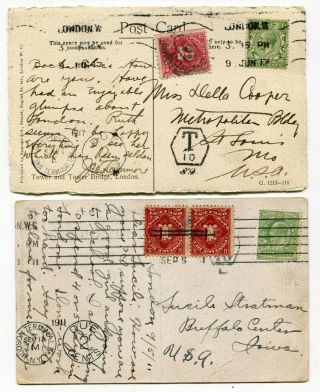 Uk Gb - Edward / George V - 1911 / 1917 Shortpaid Postcards To Usa Postage Due