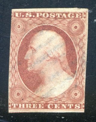 U.  S.  Stamps,  Scott 11,  Dull Rose,  Blue Cancel,  Scv: $19.  [0928e]