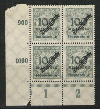 Germany - Inflation Era 1923 Sc O40 Mnh Vg - Corner Block Of 4 Officials