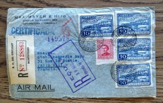 Uruguay 1950 Registered Airmail Cover Montevideo To France
