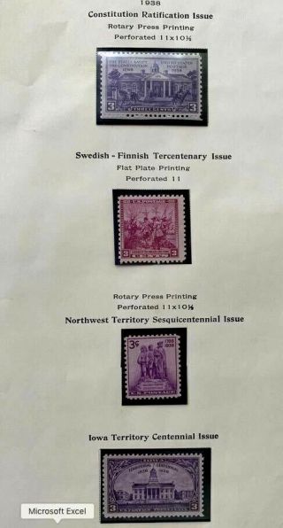 1938 Us Stamps Sc 835 836 837 838 Mnh/og