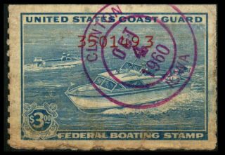 Rvb2 Revenue Boating $3 Blue Coast Guard Faults 1960 Cancel See Photos Lot H - 471