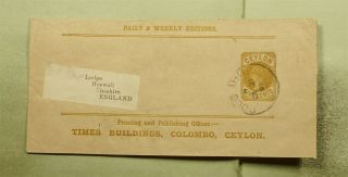 Dr Who 1897 Ceylon Colombo Stationery Wrapper To England E50327