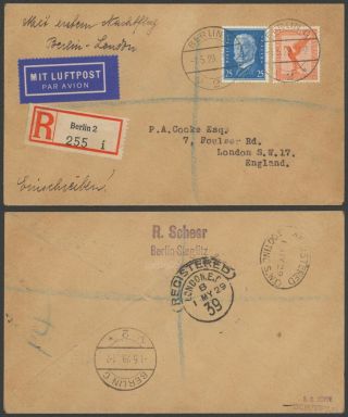 Germany 1929 - Registered Air Mail Cover Berlin To London England 30512/6