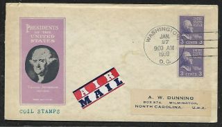 Usa 1939 First Day Cover Coil Pair Via Air Mail Thomas Jefferson