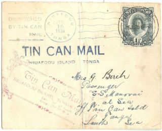 Tonga 1936 Env With 1.  5 D Stamp,  Tin Can Mail To A Ship,  Folded