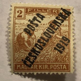 1919 Hungary Magyar 2 Kir Posta Stamp W/ Black Ceskoslovenska Overprint