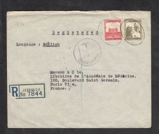 Israel British Palestine Ww2 1940 Postage Due Registered Cover To France