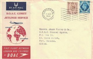 1952 London,  England Airmail,  1st Flight Cover By B.  O.  A.  C.  " Comet Jet " To Ceylon