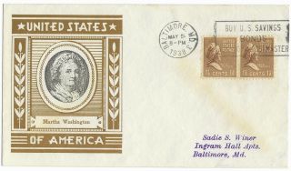 1938 Prexie Fdc,  805,  1 - 1/2c Martha Washington,  Staehle Cachet