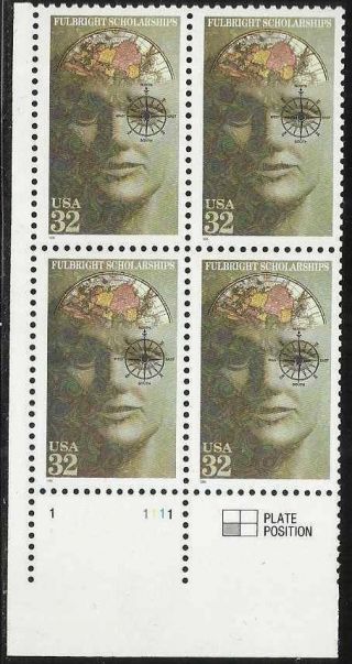 Scott 3065 Us Stamp 1996 32c Fulbright Scholarships Plate Block Of 4 Ll