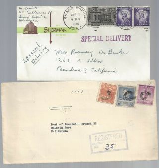 2 Special Delivery/registered Covers: 1956 Sherman Hotel Chicago,  Bank Amer 
