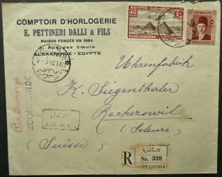 Egypt 13 Feb 1939 Registered Airmail Postal Cover From Alexandria To Switzerland
