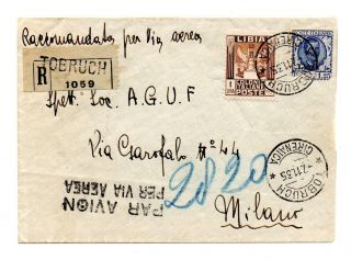 F591x - Italy,  Colonies,  1935 Registered Air Mail Cover,  Tobruch To Milano