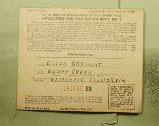 DR WHO 1943 WEITCHPEC CA APPLICATION FOR WAR RATION BOOK POSTCARD e52712 2