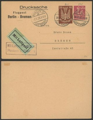 Germany 1923 - Air Mail Stationery Berlin To Bremen 34829/17