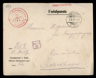 Dr Who 1917 Germany Pow Mail Gnadenfrei To Denmark Wwi Censored E48033