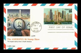 Dr Jim Stamps Us Ameripex 86 Chicago Skyline Fdc Air Mail Postal Card