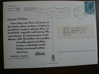 Italy 1950 " Dear Doctor " Postcard Of Venice To The Usa (abbott Advertising)