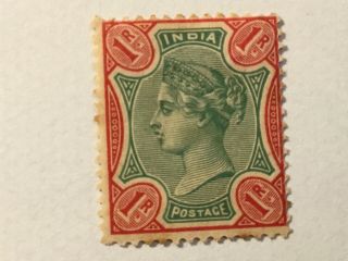 Old Stamp India 1 R Red And Green Q.  V.