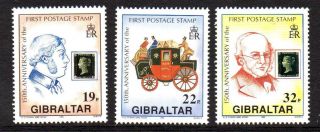Gibraltar Mnh 1990 150th Anv Of The First Postage Stamp Set Of 3
